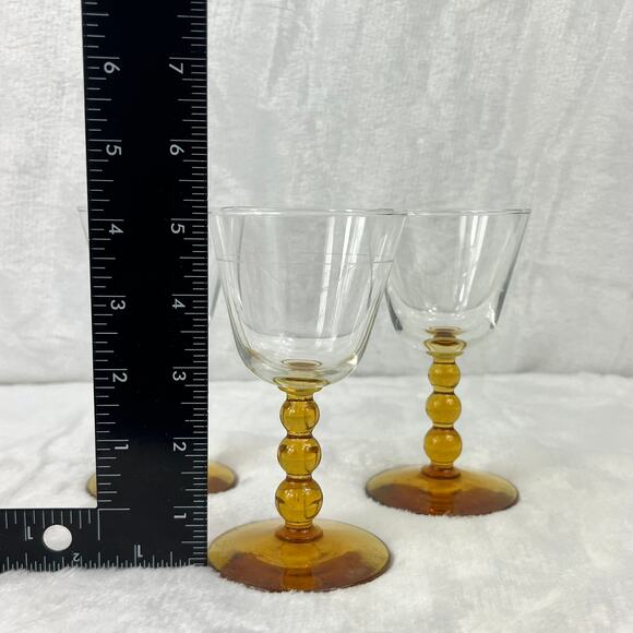 Libbey Knob Hill Amber Cordial Glasses Set Of 3 5.25" Mid Century Beaded Stem - Picture 4 of 7